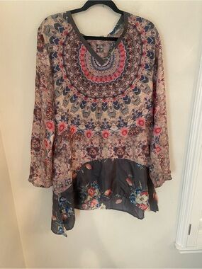 Johnny Was 100% Silk Mixed Print Asymmetrical Tunic Top Large